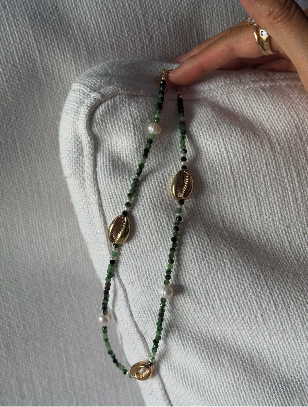 Green Zoisite & Ruby x Cowrie Shells Necklace