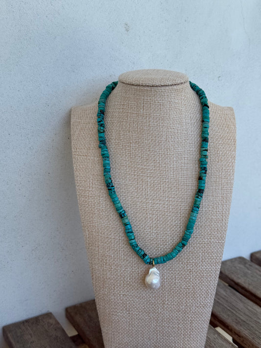 Turquoise & Baroque Pearl Charm Necklace