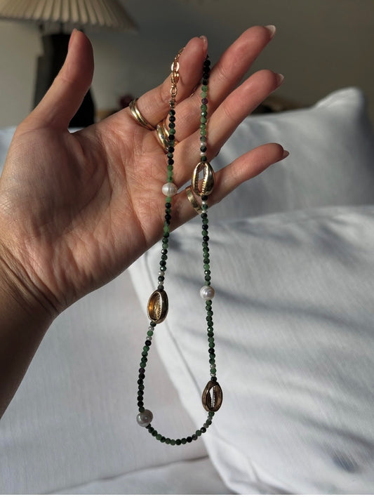 Green Zoisite & Ruby x Cowrie Shells Necklace