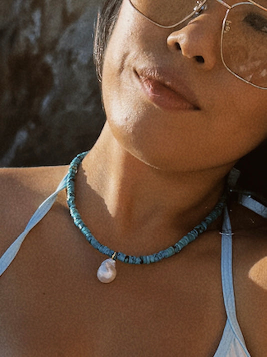 Turquoise & Baroque Pearl Charm Necklace